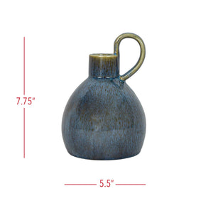 Handmade Ceramic Pitcher Vase with Oversized Handle - Navy Blue Reactive Glaze