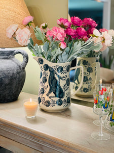 3 Quart Hand-Painted Stoneware Pitcher w/ Rabbit & Flowers, Blue & White