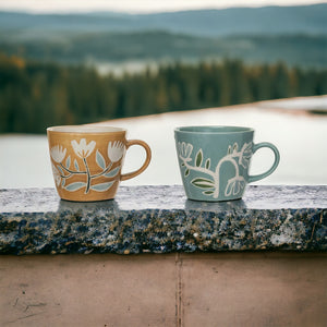 Hand-Painted Stoneware Mug w/ Wax Relief Flowers