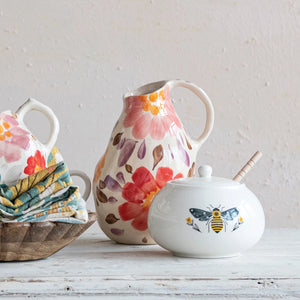 Rustic Charm Stoneware Honey Pot with Wooden Dipper and Bee Accent