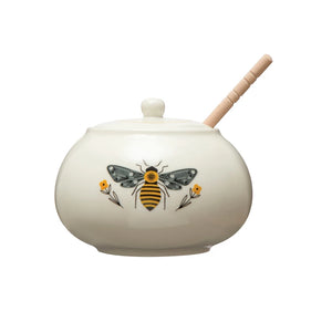 Rustic Charm Stoneware Honey Pot with Wooden Dipper and Bee Accent