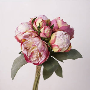 Realistic Silk Peony Flower Bouquet - Coral & Purple Pink (7 Stems)